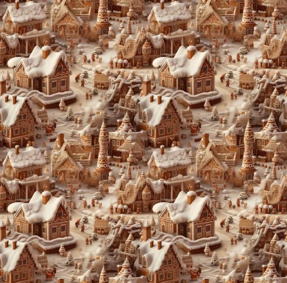 Repeating gingerbread house pattern with snow-covered roofs in brown and cream tones