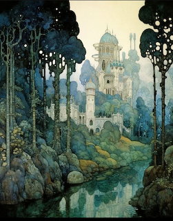 Fantasy castle with white domes emerging from misty forest with stream and dark silhouetted trees in foreground