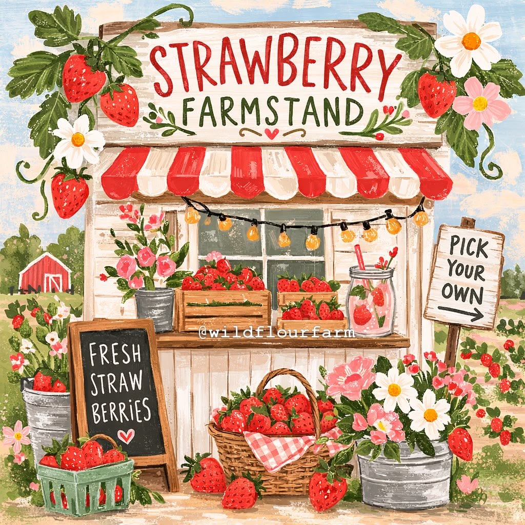 Illustrated strawberry farmstand with red awning, baskets of strawberries, flowers, and rustic farm details