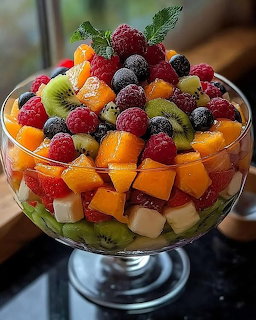 Glass pedestal bowl filled with colorful fresh fruit salad topped with beries and mint leaves
