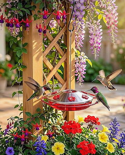 Two hummingbirds at a red feeder in a garden with flowers and wisteria