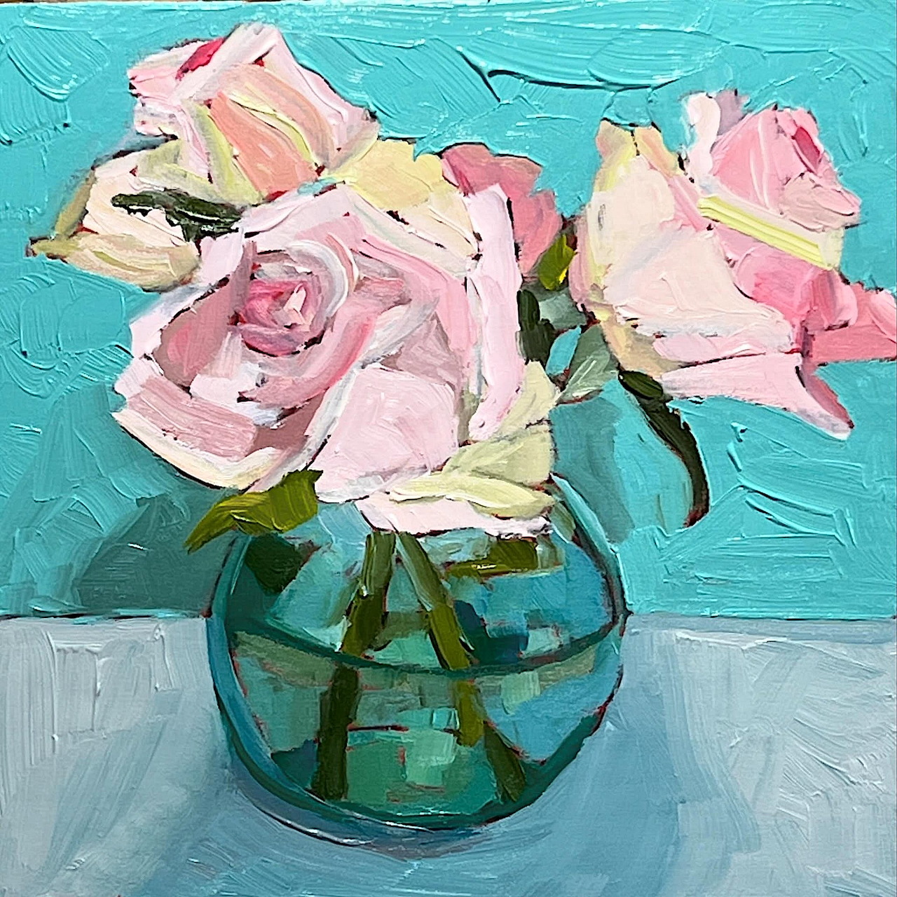 Impressionistic painting of pink roses in a round teal vase on turquoise background