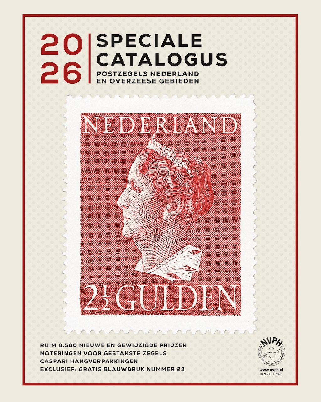 2026 Speciale Catalogus cover showing a red Netherlands 2.5 Gulden stamp with Queen Wilhelmina