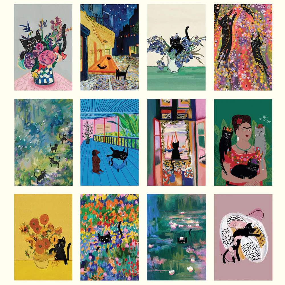Collage of 12 art panels showing a black cat in styles of famous painters with flowers and colorful patterns