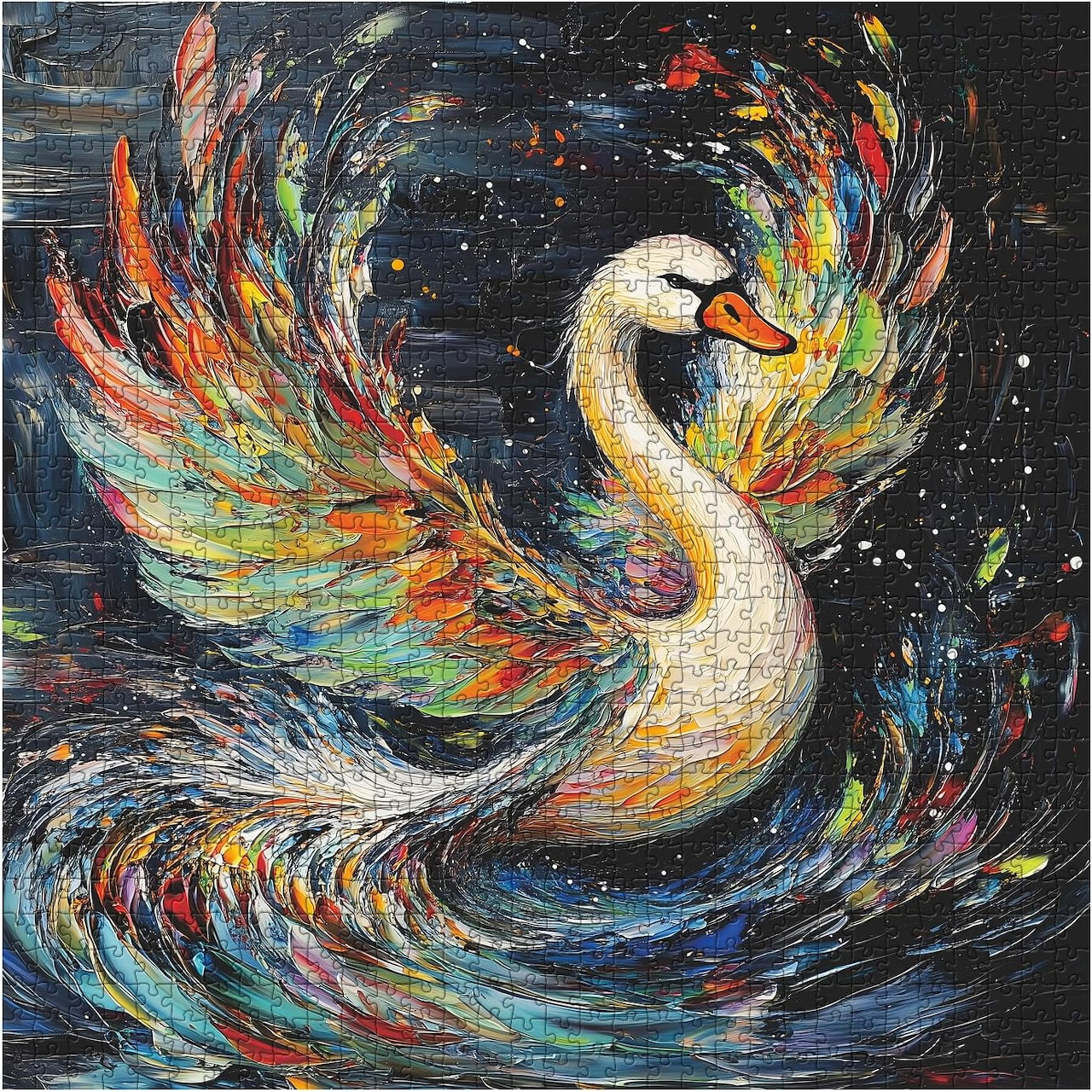 White swan with rainbow swirling wings against starry night sky