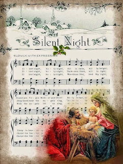 Aged Silent Night Christmas carol sheet music with nativity scene of Mary, Joseph and baby Jesus below the musical staff