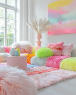 Bright living room with colorful fluffy pastel pillows, pampas grass vase, and abstract pastel artwork