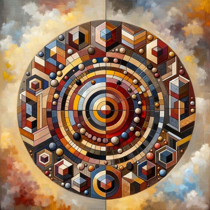 Colorful geometric mandala with 3D cubic shapes and concentric circles in earth tones and bright colors