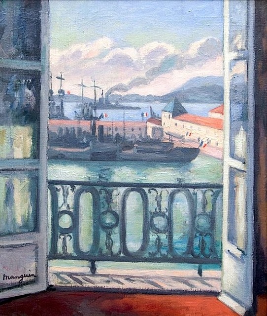 Painting of a harbor with ships seen through an open window and decorative iron balcony railing