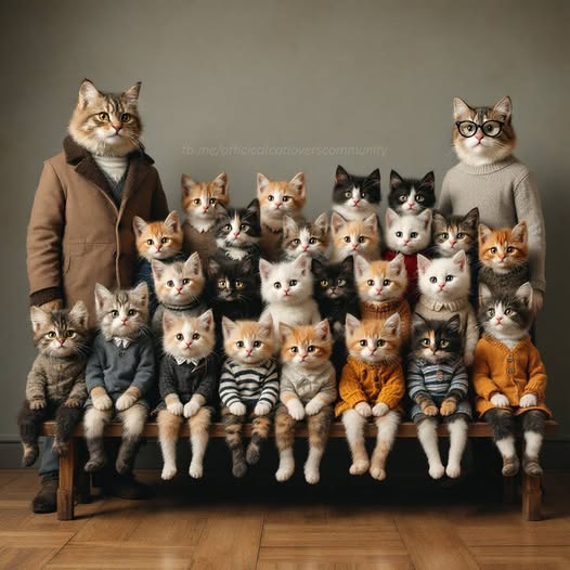 Many cats in sweaters and jackets posed together like a class portrait on a bench