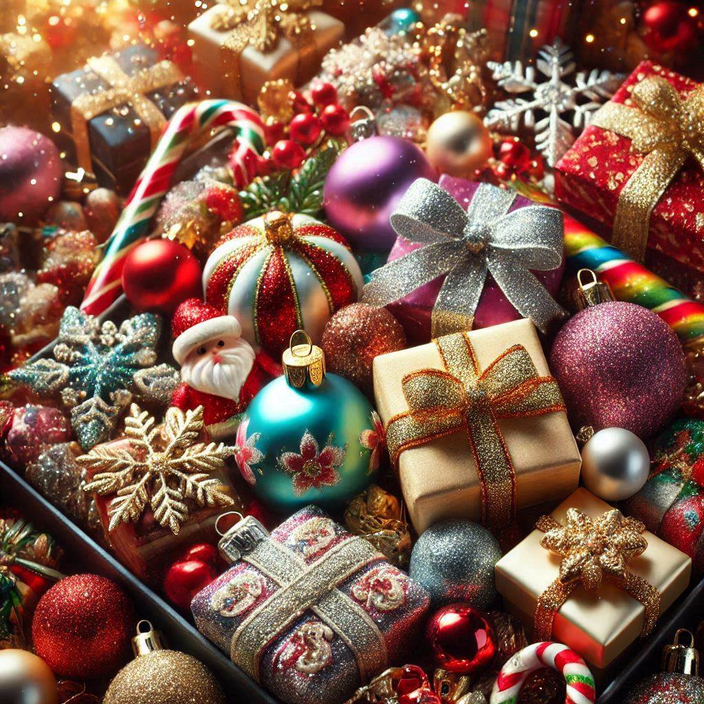 Assortment of Christmas decorations including baubles, gift boxes, candy canes, cookies, and snowflakes