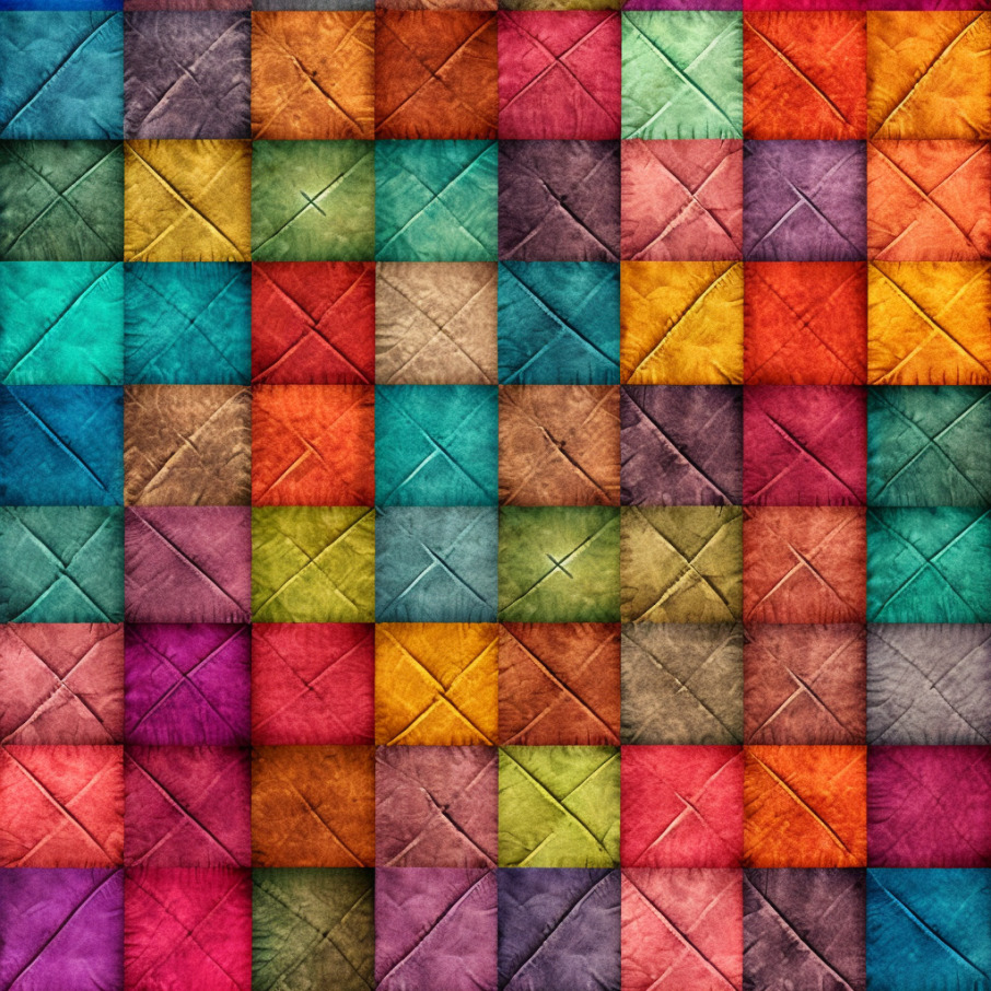 Grid of colorful quilted fabric squares with diagonal stitching in rainbow colors