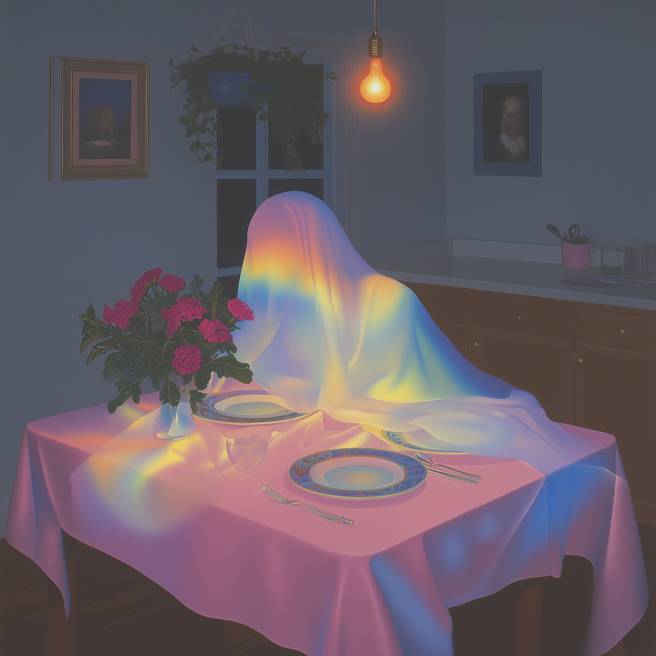 Translucent rainbow figure sits at pink-clothed table in dark room with hanging light and flowers