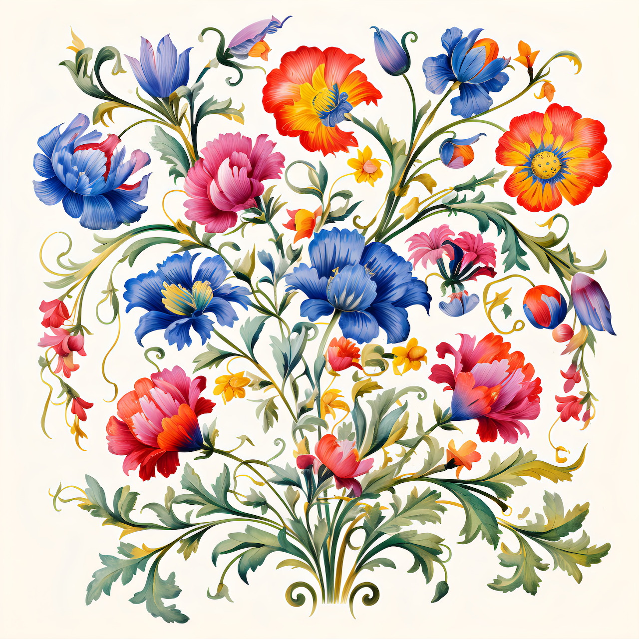 Colorful decorative floral illustration with blue, red, pink, orange, and yellow flowers on white