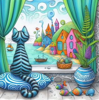 Striped cat on windowsill looking at colorful whimsical houses by water through window with green curtains and plant