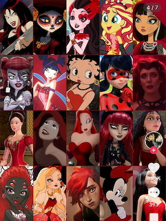 Collage of cartoon and animated female characters in red and black themes arranged in a grid