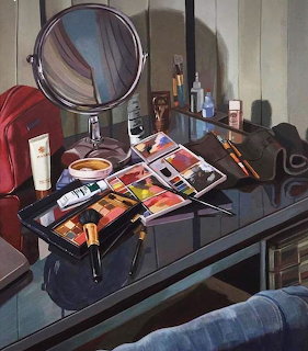 Painting of a makeup vanity table with eyeshadow palettes, brushes, mirror, and cosmetics