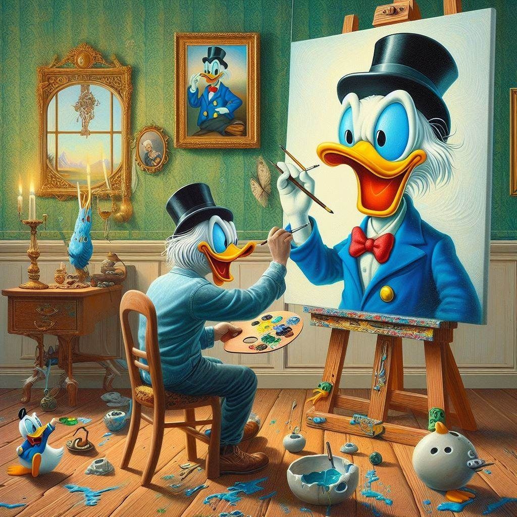 Cartoon duck in a top hat painting a self-portrait on an easel in a cozy studio