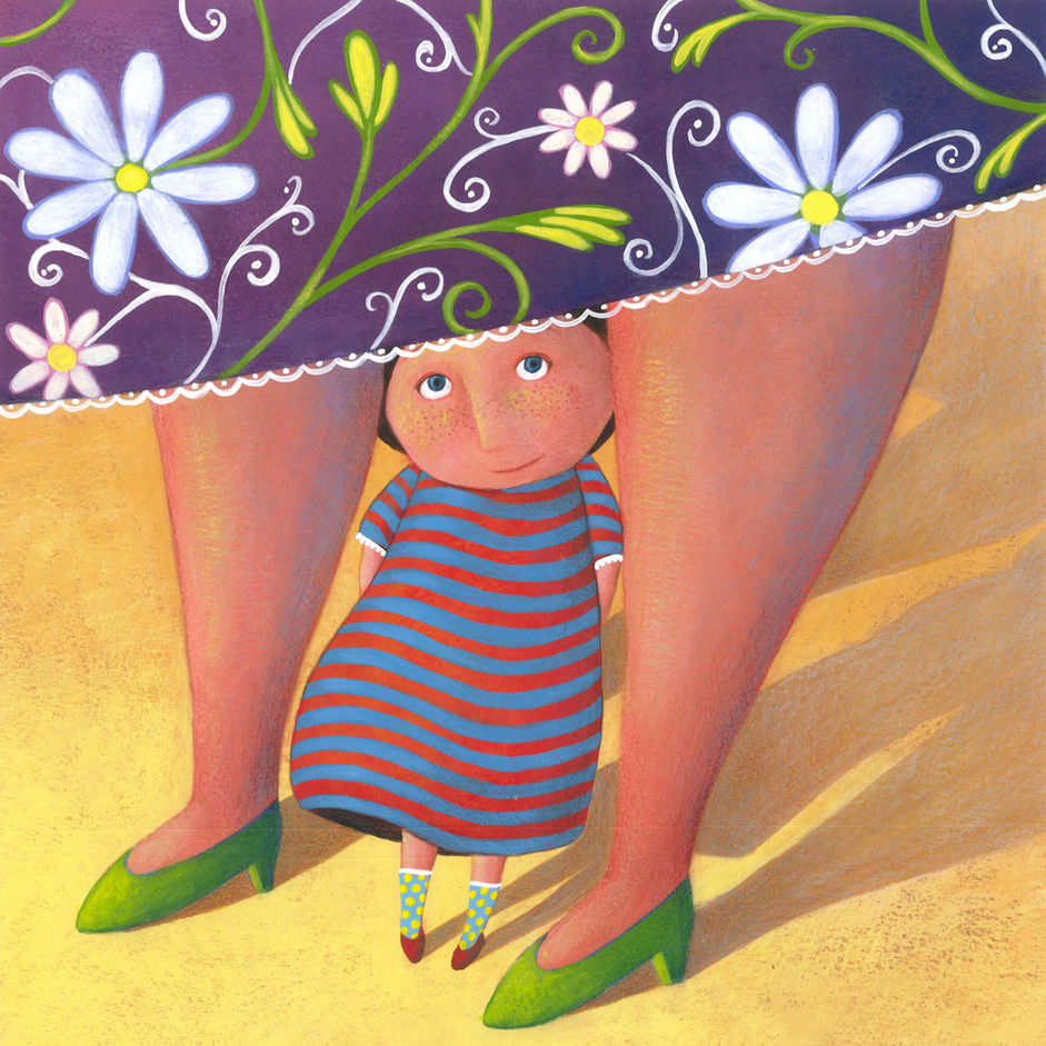 Illustration of woman in blue striped dress with green shoes on purple floral background