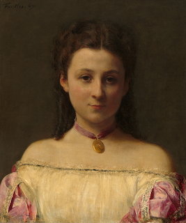 Painted portrait of a young woman in a white dress and purple ribbon necklace against a dark background