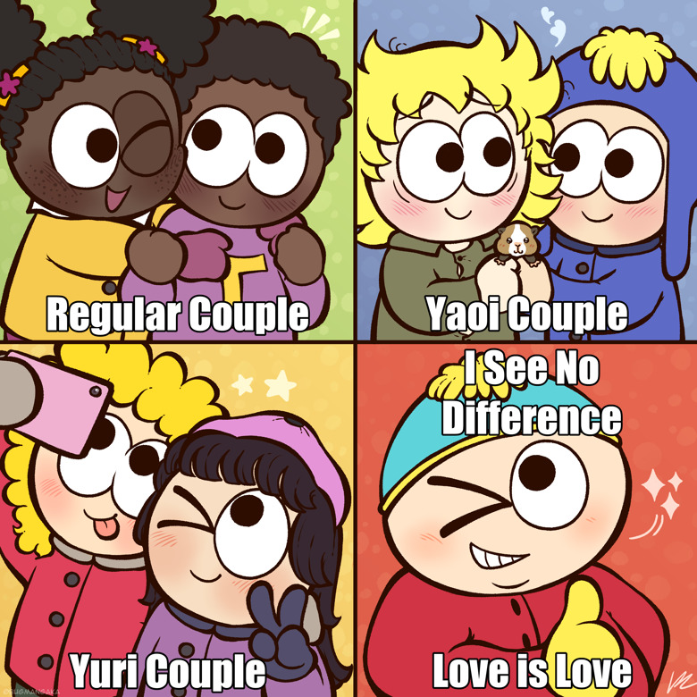 Four-panel cartoon meme showing different couples and the phrase Love is Love