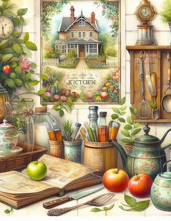 Illustrated country kitchen with vintage utensils, apples, cookbook, teapot, and framed cottage painting