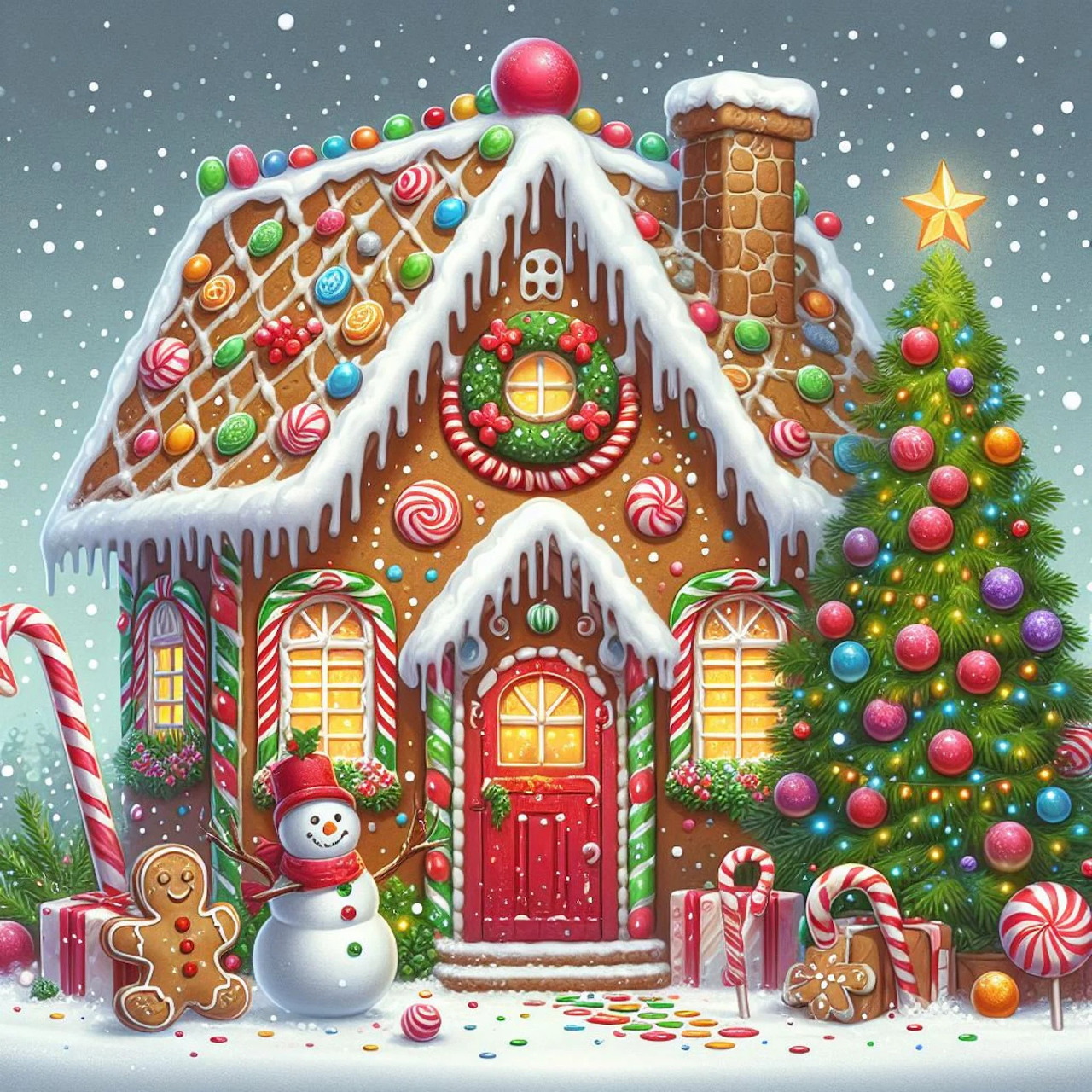Decorated gingerbread house with snowman, Christmas tree, and gifts in snowy setting