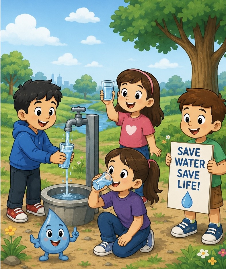 Cartoon children by a hand pump with a water drop character and a Save Water Save Life sign