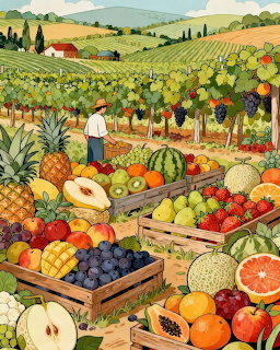 Illustration of wooden crates overflowing with colorful fruits in a vineyard with rolling green hills and a farmer