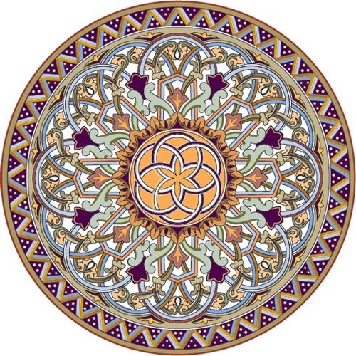 Detailed circular mandala with symmetrical floral motifs and geometric border in purple, orange, and teal colors