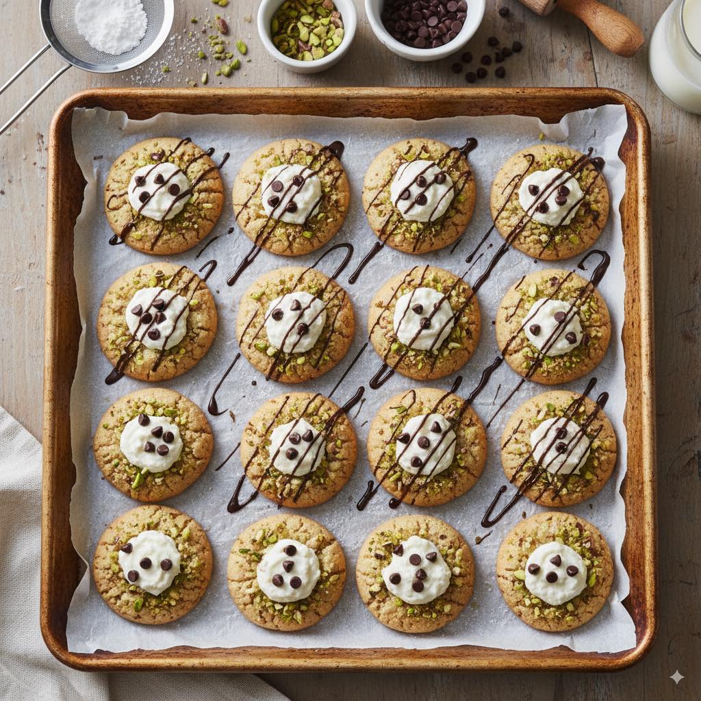 Grid of lion face cookies with golden frosting manes and chocolate chip details on baking sheet