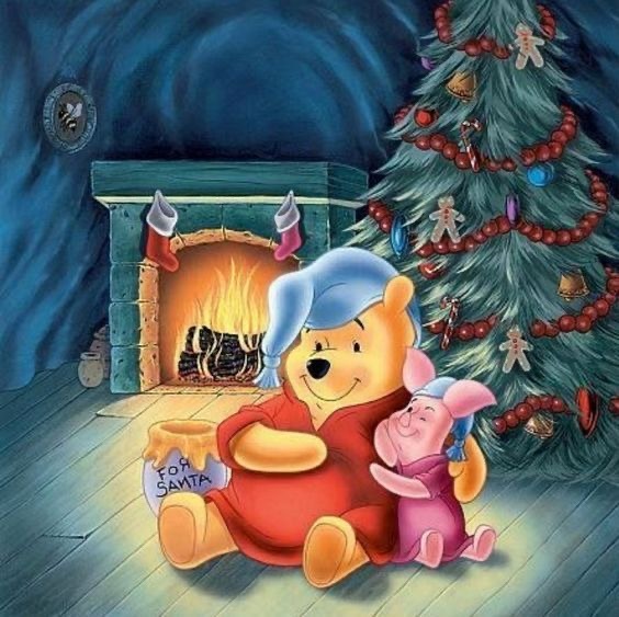 Winnie the Pooh and Piglet by fireplace with Christmas tree