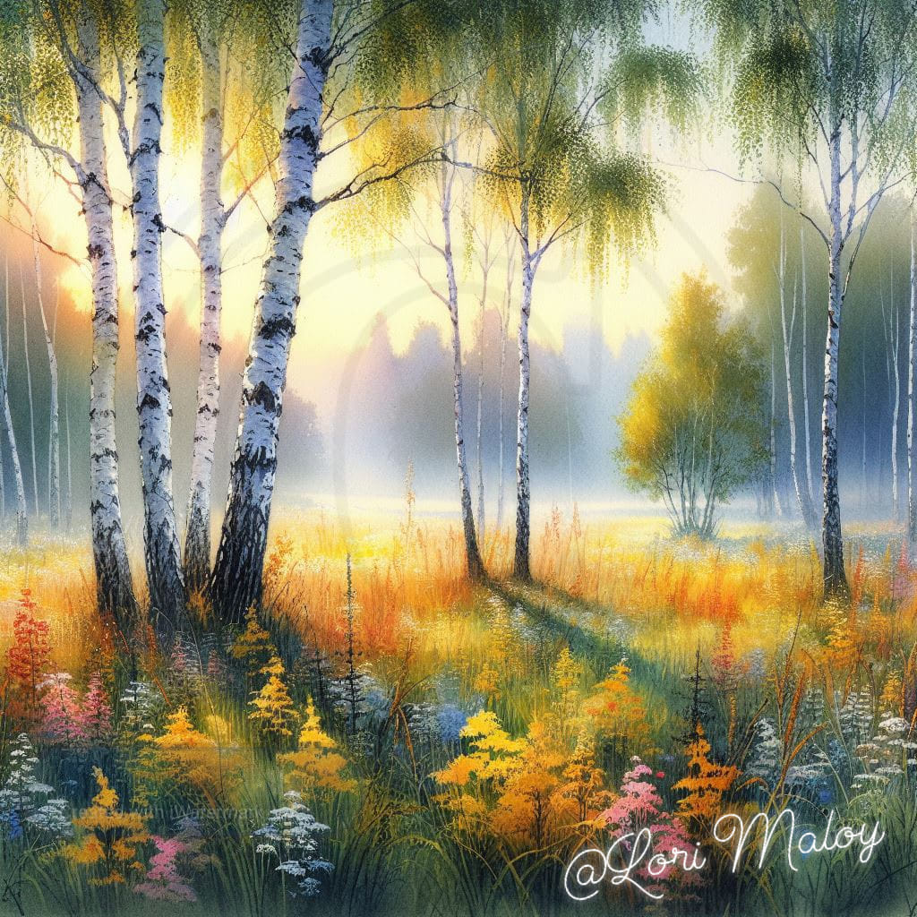 Impressionist painting of birch trees in misty autumn forest with yellow and orange wildflowers