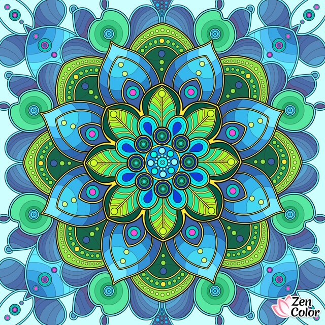 Symmetrical mandala with blue and green ornate petals and paisley patterns