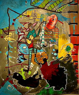 Abstract surreal collage with colorful geometric shapes, figures, and mixed media textures