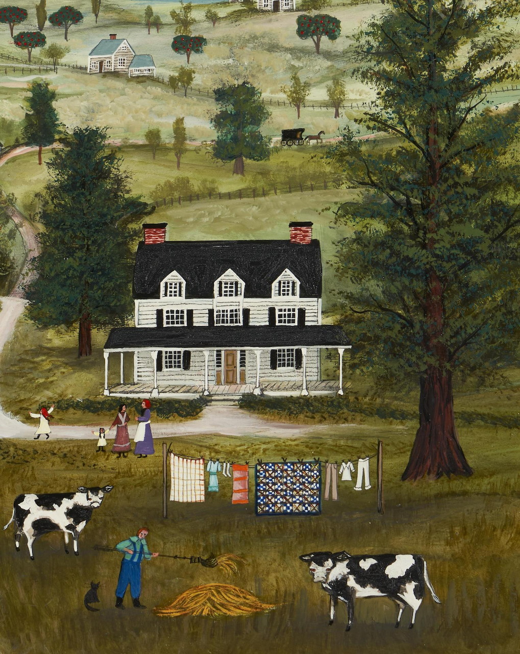 Folk art painting of white farmhouse with cows in pastoral landscape