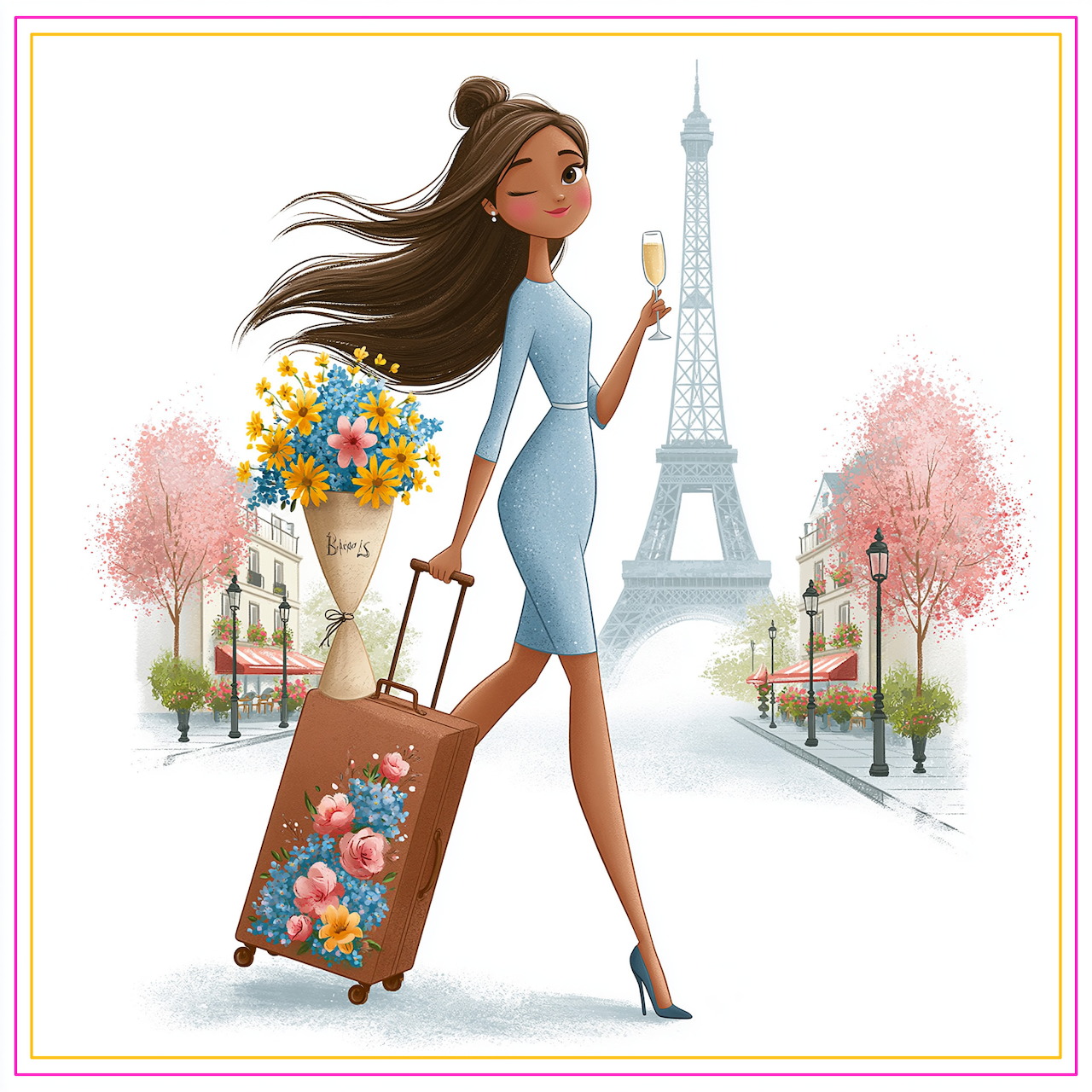 Illustrated woman in Paris with Eiffel Tower, bouquet, and floral suitcase