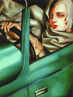 Art Deco style painting showing a woman's face and draped fabric in green, cream, and brown geometric forms