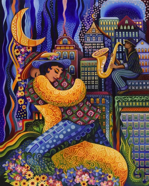 Colorful folk-art painting of a saxophonist on a rooftop at night with a couple embracing under a crescent moon
