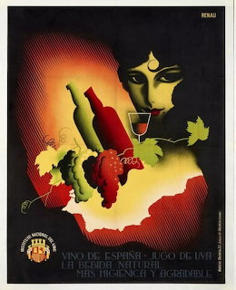 Vintage wine advertisement poster with a stylized woman, grapes, leaves, and a small wine glass