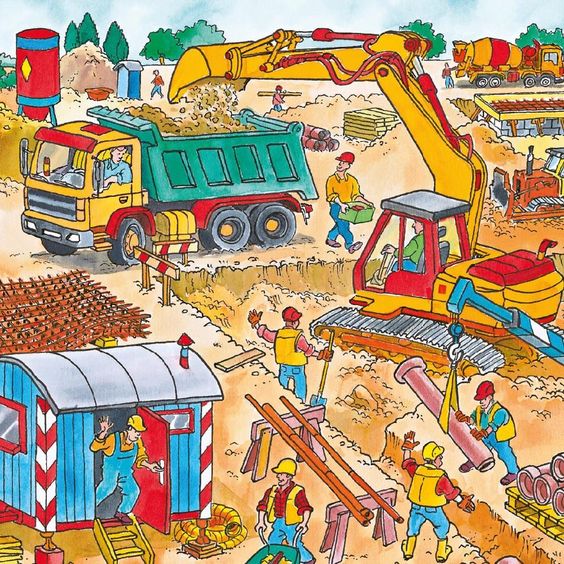Cartoon construction site with excavator, dump truck, workers, and equipment in bright colors
