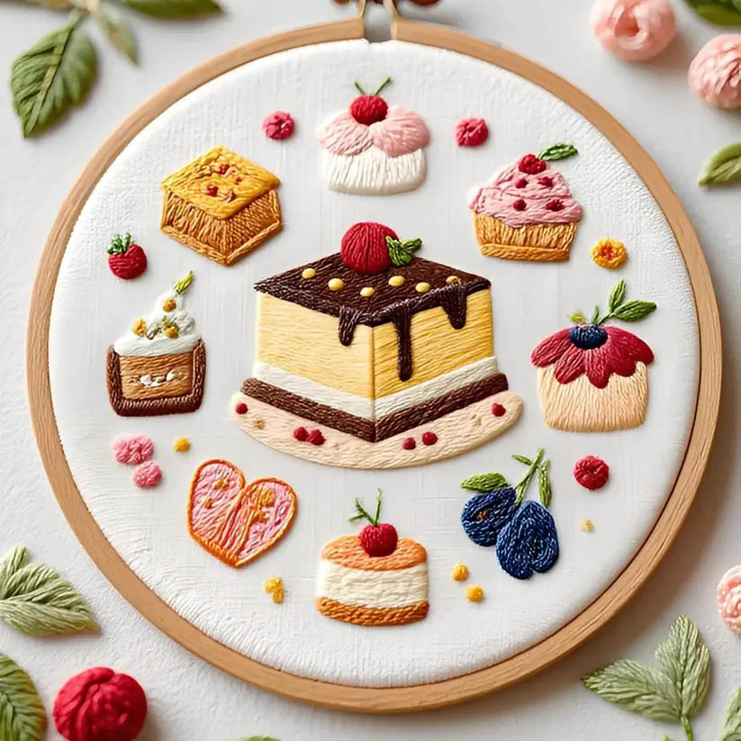 Embroidery hoop with hand-stitched desserts including layered cake, cupcakes, cherries, and berries on white fabric