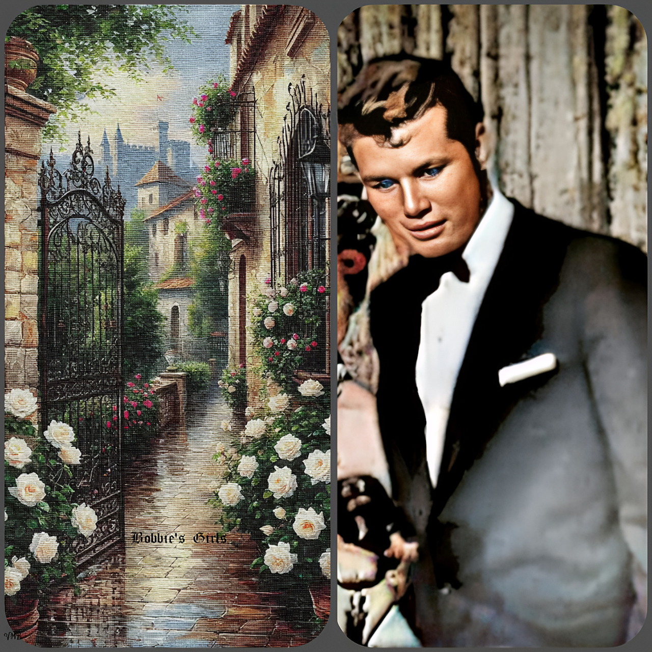 Split image of a tuxedoed man next to a painted flower-lined alley with wrought-iron gates
