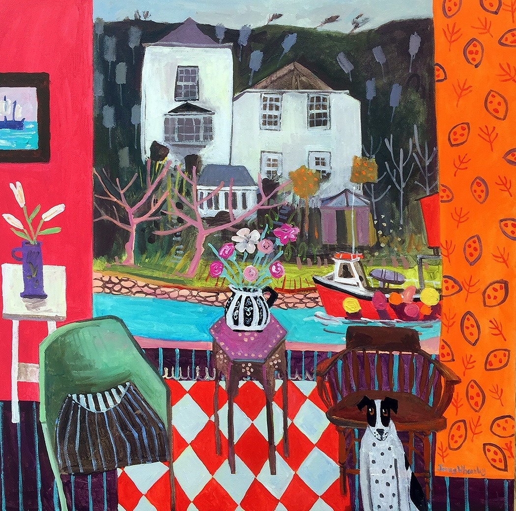 Colorful naive style painting of interior room with cottage view through window, patterned furniture and dog