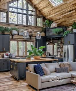 Rustic cabin interior with dark blue kitchen, wood ceiling, island, plants, and beige sofa