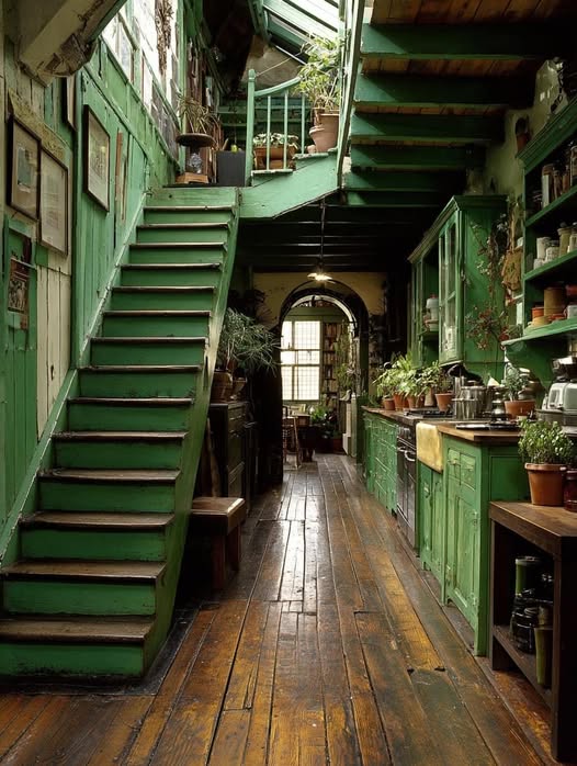 Rustic green wooden staircase in a narrow interior with dark wood floors and houseplants