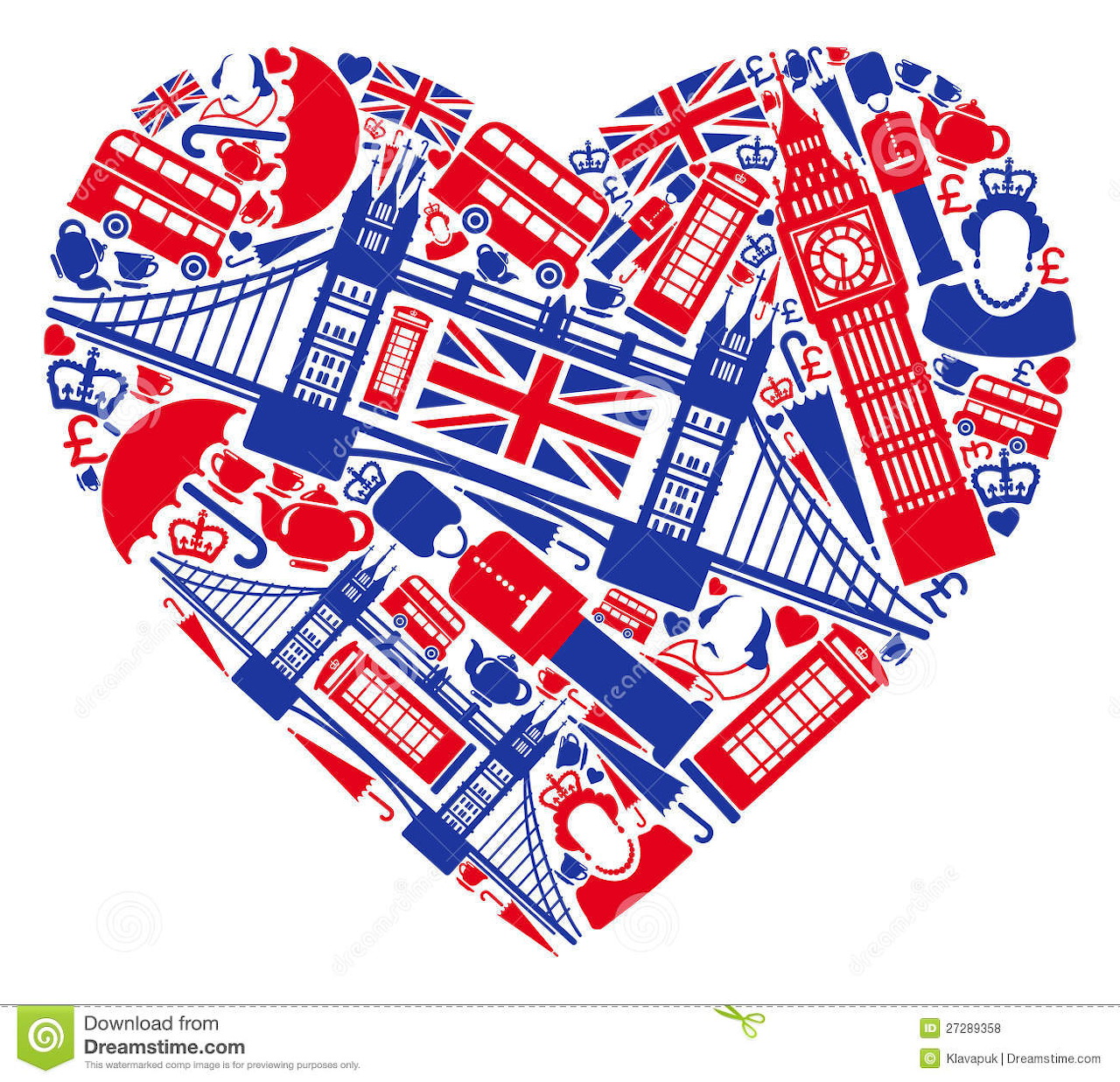 Heart composed of British cultural symbols and landmarks in red, white, and blue colors