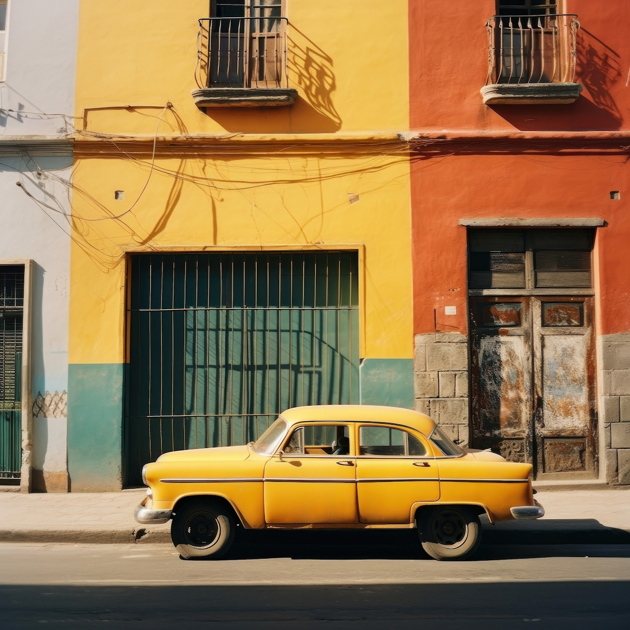 Yellow vintage car parked in front of bright yellow and orange buildings on a Cuban street