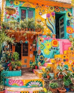 Brightly painted Spanish house with colorful floral murals, plants, and decorative patterns on orange and turquoise walls