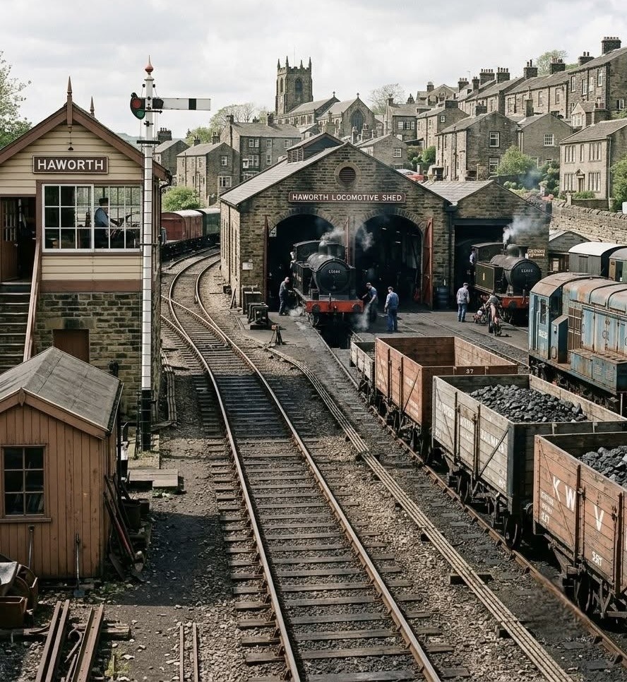Vintage steam train at historic Haworth railway station platform with stone buildings and multiple rail tracks
